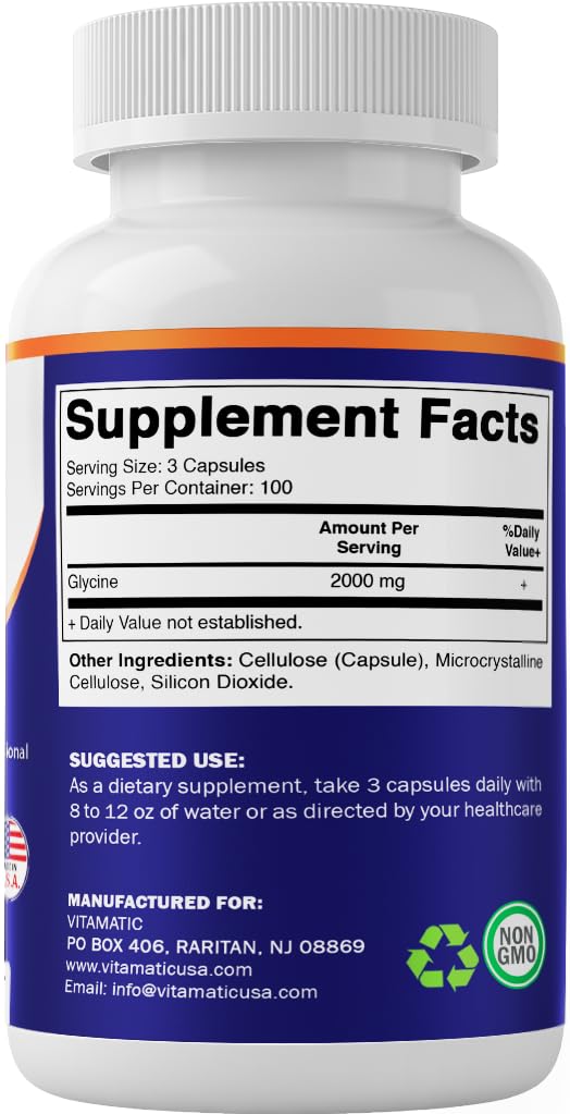 Vitamatic Glycine Supplement, 2000mg Per Serving, 300 Count, Non-GMO, Gluten Free