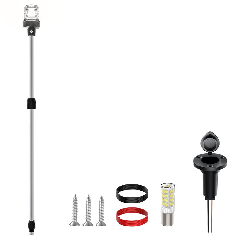 Telescoping Boat Stern Light Marine Anchor Light, 26"-48" Adjustable Rear Boat Lights Pole LED with Base, White Boats Navigation Lights for Bass, Fishing, Jon Boats, Pontoon 12-24V (Sliver) Sliver - BeesActive Australia