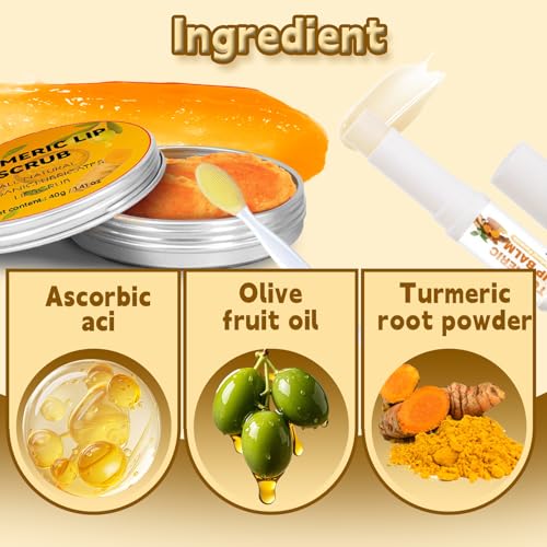 HAIOLORPRO 4PCS Turmeric Lip Scrub and Turmeric Lip Balm with Brush Set, Natural Lip Scrubber Exfoliator for Dry, Dull, Chapped, Dark lips, Reduces Fine Lines, Deeply Hydrates and Moisturizes yellow+green