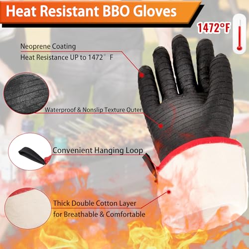 BBQ Grilling Gloves, 1472°F Thicken Thermal Gloves w/S-Hook