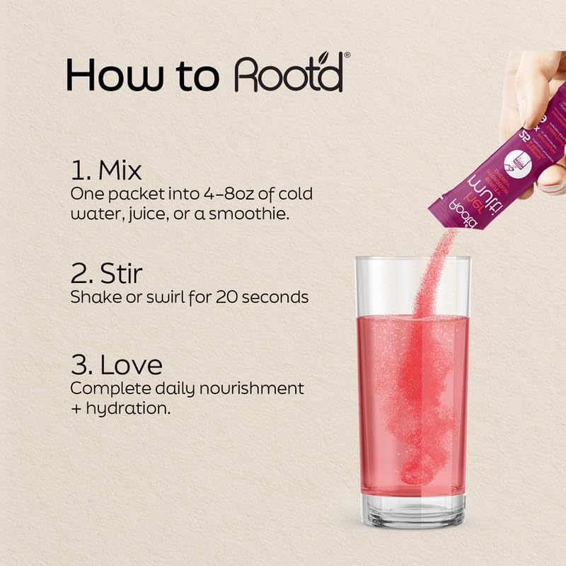 Root'd Multivitamin Powder for Women - 25 Vitamins & Minerals - 24 Count | 3X Electrolytes, 9 Organic Superfoods, Probiotics & Enzymes, Sugar-Free Multivitamin & Hydration - Raspberry Acai 0.22 Ounce (Pack of 24) Her (Raspberry Acai)