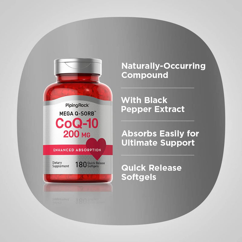 Piping Rock CoQ10 200mg | 180 Softgel Capsules | Supplement for Women and Men | Enhanced Absorption with Black Pepper Extract | Non-GMO, Gluten Free