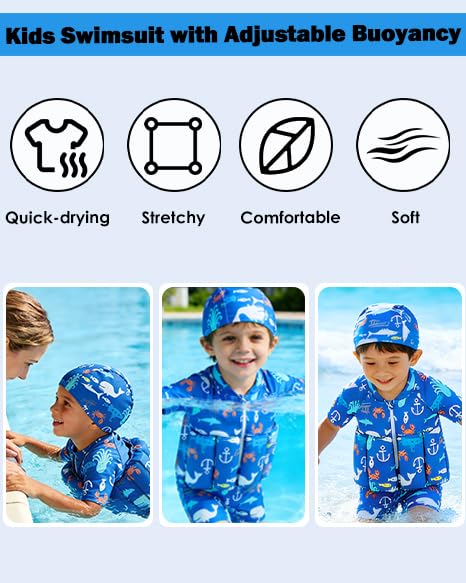 Baby Toddler Girls Boys Float Suit One Piece Rashguard Cartoon Short Sleeve Zip up Buoyancy Swimsuit +Cap 1-2T Blue