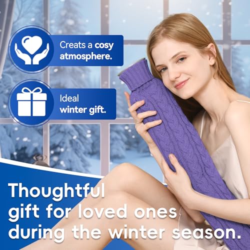 Hot Water Bottle with Knitted Cover, Hot Water Bag for Bed, Body Feet Warm, Pain Relief. Hot and Cold Therapies for Women Girls Seniors. Ideal Gift for Birthday, Womens', Christmas Day, Purple