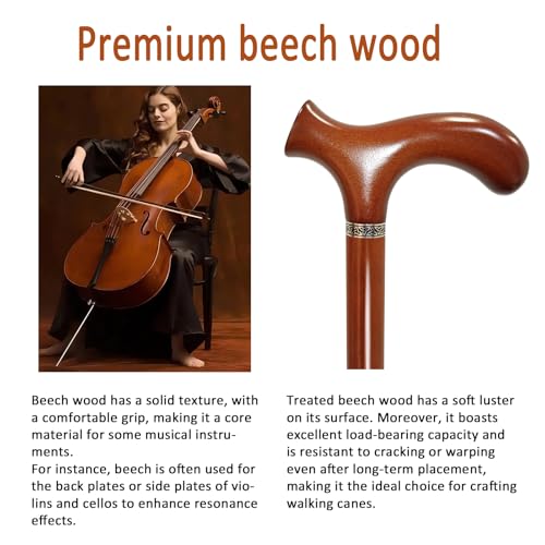 Wooden Walking Cane with 5 Height for Men and Women, Handmade Wood Cane with Comfort Grip Handle, Supportive Mobility Aid for Seniors, Fashionable & Classic Lightweight Stick Brown 35"(for 5'6" to 5'9")