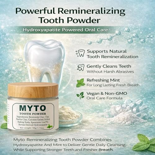 Myto Tooth Powder, Remineralizing Tooth Powder, with Mint, Hydroxyapatite, Gently Cleans, Supports Strong Teeth & Fresh Breath, Vegan, Non-GMO, 50g (1)