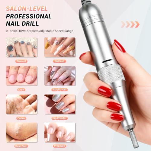 JEWHITENY Rechargeable Cordless Nail Drill for Beginners,Professional Nail Drill 45000RPM,SG717 Electric Nail File for Acrylic Gel Nails,Remove Nail Gel Polish(Pink) Pink & Black