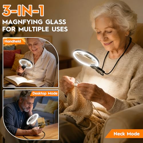 Magnifying Glass with Light for Reading, Hands Free Magnifier for Books with Dimmable, Included Small Magnifier, Neck Wear Large Screen Stand Glasses for Close Work Seniors Low Vision Rechargeable