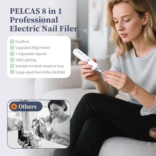 PELCAS Electric Nail Filer, Cordless Nail Drill with LED Light & 5 Speeds Silver