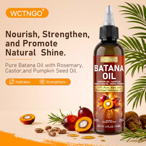 Batana Oil for Hair Growth–100% Pure Unrefined with Rosemary, Castor & Pumpkin Seed Oils, Infused with Biotin | Strengthens, Repairs Scalp, Nourishes & Reduces Hair Loss for Men & Women– 4 oz x 2 Pack