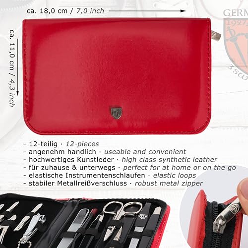 3 Swords Germany – brand quality 12 piece manicure pedicure grooming kit set for professional finger & toe nail care with red synthetic leather case - Made in Germany Red - Synthetic Leather