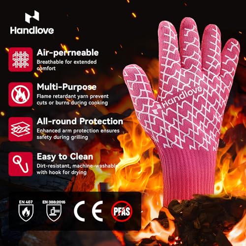 HandLove BBQ Gloves, Oven Gloves with Fingers – Heat Resistant Gloves for Grilling | Silicone Grip, Long Cuff Mitts - Kitchen & Outdoor Barbecue, Cooking, Baking, Pink L