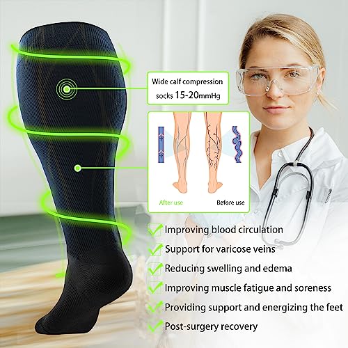 LEVSOX Wide Calf Compression Socks for Women&Men Plus Size 15-20mmHg Knee High Large Support Stockings for Circulation 3 Pair-black 3X-Large