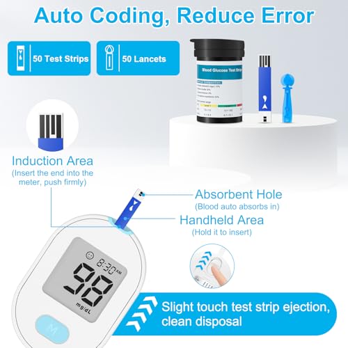 Blood Glucose Monitor Kit, Blood Sugar Testing kit with 50 Blood Sugar Test Strips, 50 Painless 33G Lancets, 1 Blood Glucose Meter, 1 Lancing Device, Medical Accuracy, 5-Second Results, No Coding & Auto Eject, Glucometer Kit for Diabetes Testing for Ho...