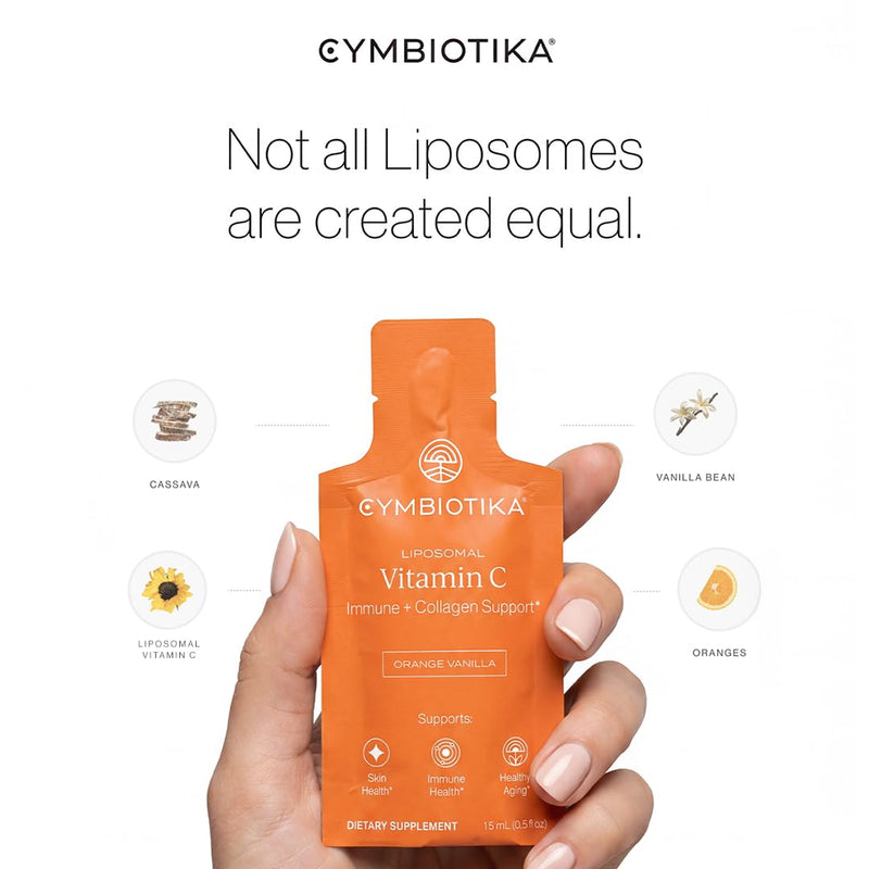 CYMBIOTIKA Liposomal Vitamin C 1000mg with Biotin for Skin | Bioavailable vitamin C & biotin for immunity, collagen & healthy aging. Enhanced absorption. Orange Vanilla, 28 pouches.