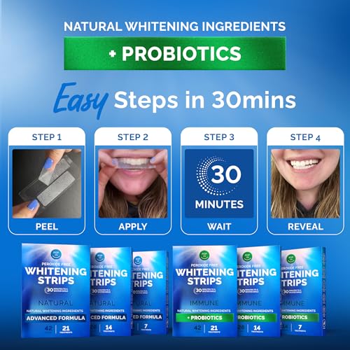 Teeth Whitening Strips by Pop On, 42 Strips, 21-Day Treatment, Non-Slip, Sensitive Teeth Whitening Strips, Made With Natural Ingredients, Mint Flavor, With Essential Probiotics, Hydrogen Peroxide Free