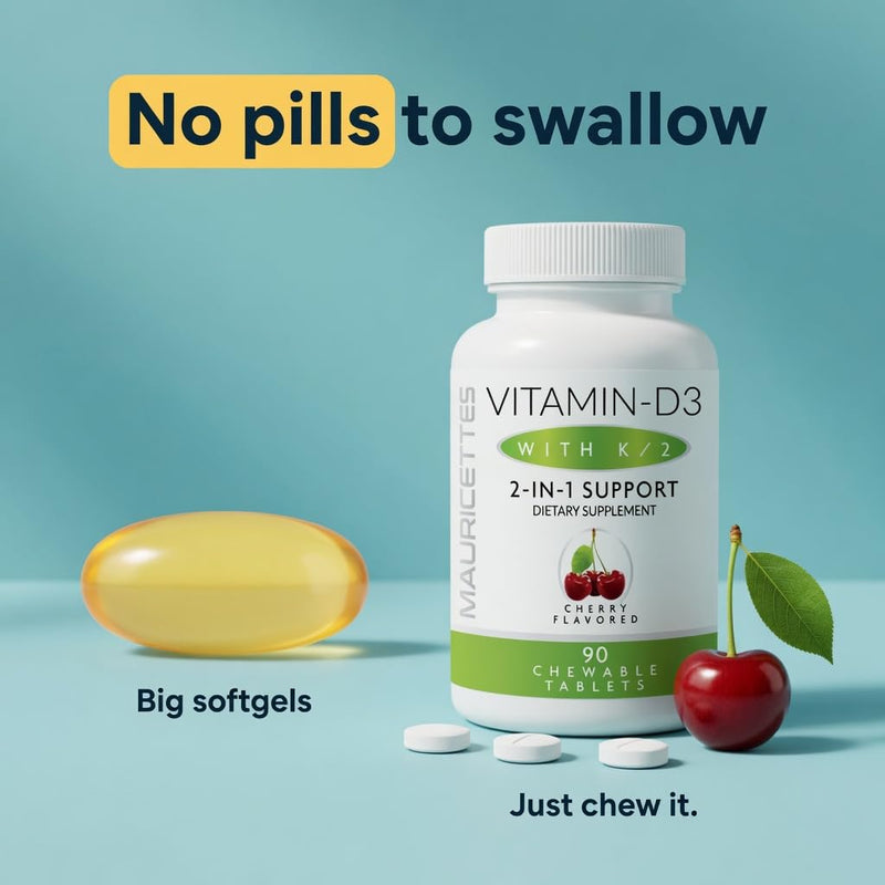 Mauricettes Chewable Vitamin D3 + K2 (MK-7) — No Pills to Swallow — Cherry Flavor Bone, Heart & Immune Support — 2,000 IU, 90 Chewable Tablets for the Whole Family
