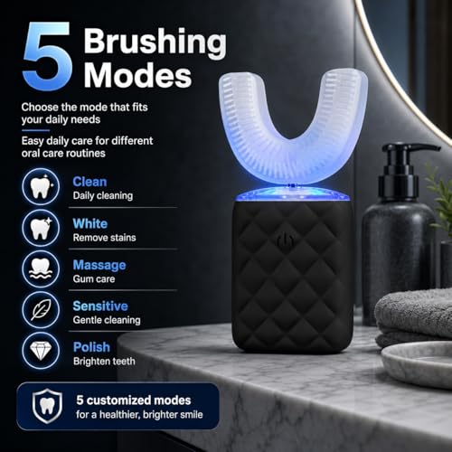U Shaped Electric Toothbrush for Adults - Ultrasonic Automatic 360° Mouth Cleaning Toothbrush with 5 Modes, IPX7 Waterproof, Rechargeable Sonic Full Mouth Electric Toothbrush (Black)