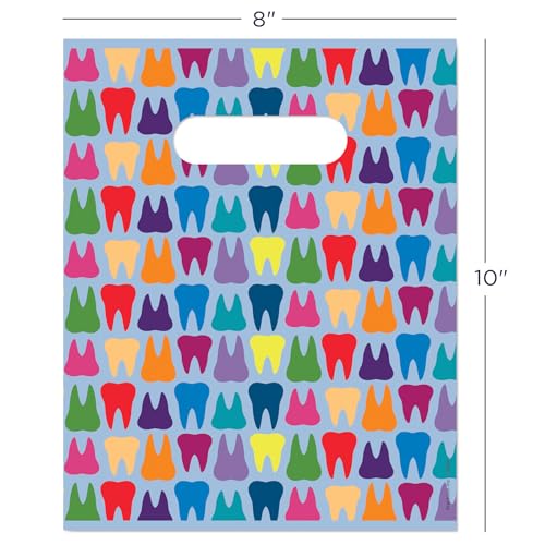 Practicon Rainbow Teeth 8" x 10" Dental Giveaway Bag, Dental Hygiene Patient Care Goodie Bag, Dentist Office Plastic Gift Bags, 100 Pack 8" x 10"