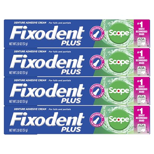 Fixodent Plus Scope Denture Adhesive Cream, Mint, 2.0 oz (4-Pack) – Strong False Teeth Glue 2 Ounce (Pack of 4)