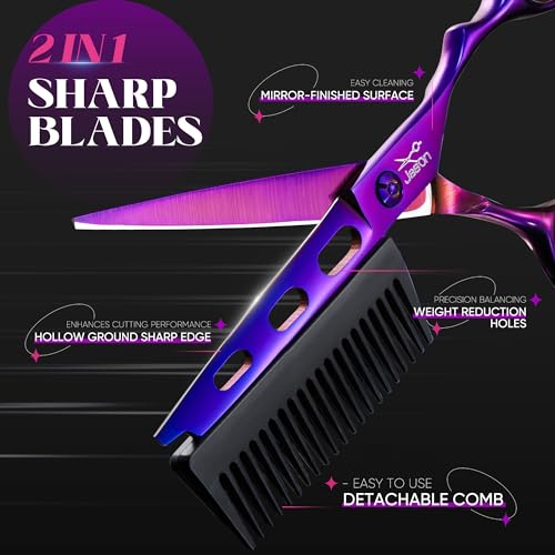 JASON Hair Cutting Scissors Shears- 6" 2 in 1 With Detachable Comb Purple 6 inches - 2-in-1 with Comb (Purple)
