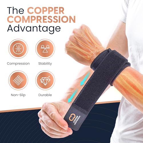 Copper Compression Wrist Wraps (2 Pack) – Adjustable Copper Infused Wrist Support for Weightlifting, Workouts, Injury Recovery, Carpal Tunnel, Tendonitis, and Pain Relief – Breathable and Comfortable Straps