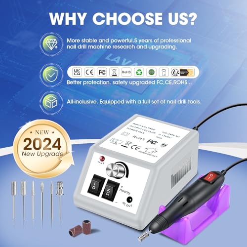 LAVAED Professional Electric Nail Drill Machine Kit - Low Noise Vibration with 156pcs Sanding Bands for Acrylic Nail Drill, Gel Art Remover, Polisher, Manicure, Pedicure Pale Grey