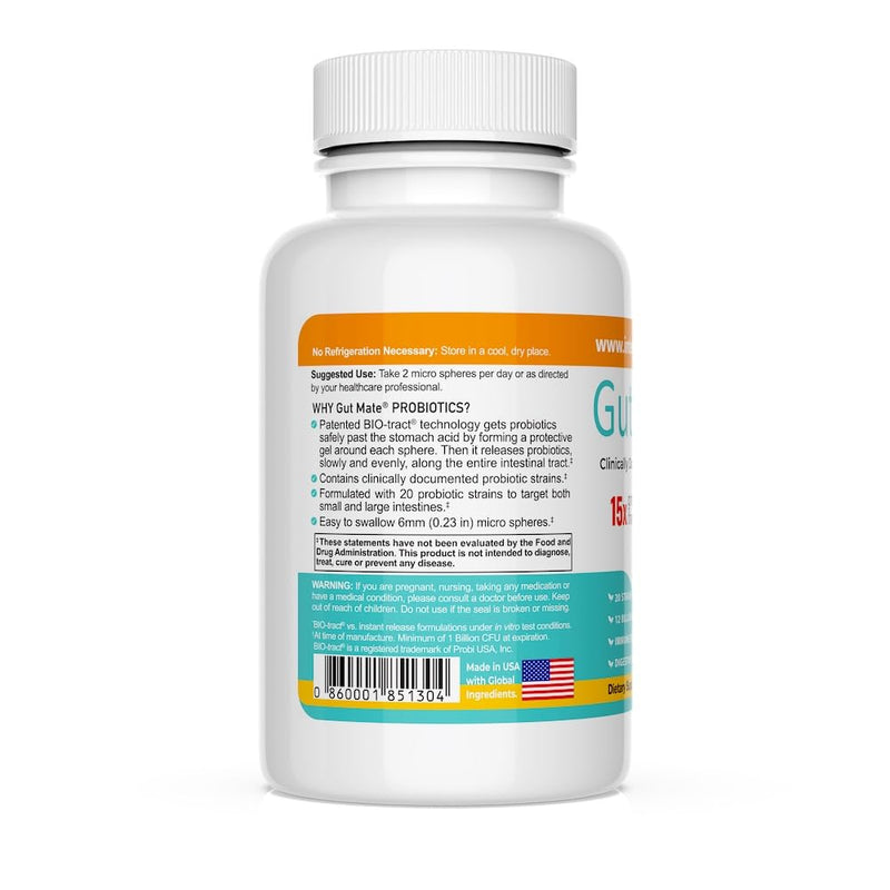 Gut Mate® Probiotics - Clinically documented Strains - 15x More Effective Than Standard Capsules- Patented BIO-Tract® Micro Pearls - Vegan, Vegetarian, Dairy-Free - Room Temp Stable
