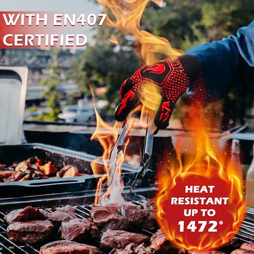 BBQ Grill Gloves, 1472°F Extreme Heat Resistant Grilling Gloves Non-Slip Oven Mitts Potholder, Perfect for Barbecue, Cooking, Baking, Fireplace, Smoker - 2 Pair (Red and Black) Flame Red and Black