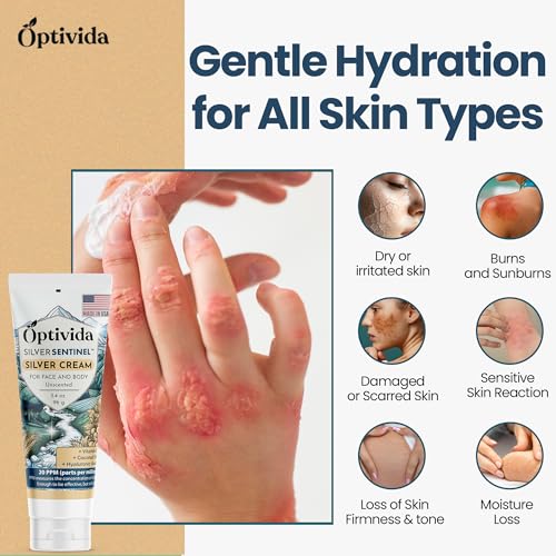 Optivida Nano Silver Skin Healing Cream - Skin Healing Ointment. Hydrating & Healing Topical Solution for Burns, Wounds, Scar, and Acne, Moisturizer Healing Cream 3.4 Fl Oz (Pack of 1)