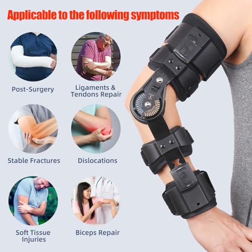 Hinged ROM Elbow Brace Adjustable Post OP Elbow Support - Arm Stabilizer Splint for Surgery, Dislocation, Ligament & Tendon Repair Recovery w/Sling Fits Men & Women (Right) Right