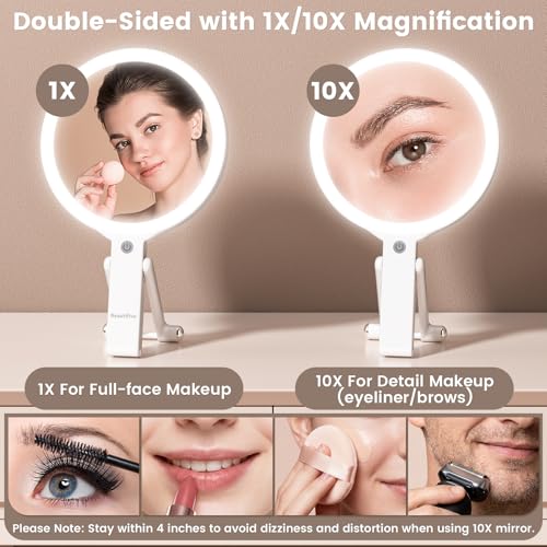7.5" Large Travel Mirror with Light, Rechargeable 10X/1X Magnifying Mirror White
