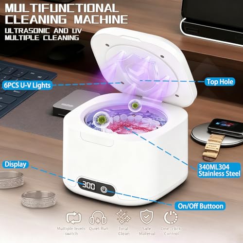 Ultrasonic Retainer Cleaner Machine - Denture cup Bath,49kHz 4 Modes Dental Cleaner With Digital 340ML capacity Applicable to Mouth Guard，Dentures braces & Toothbrush head and makeup brush (white） White-1