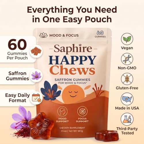 Saphire Happy Chews Saffron Gummies, 60 Count Vegan Daily Wellness Supplement Red
