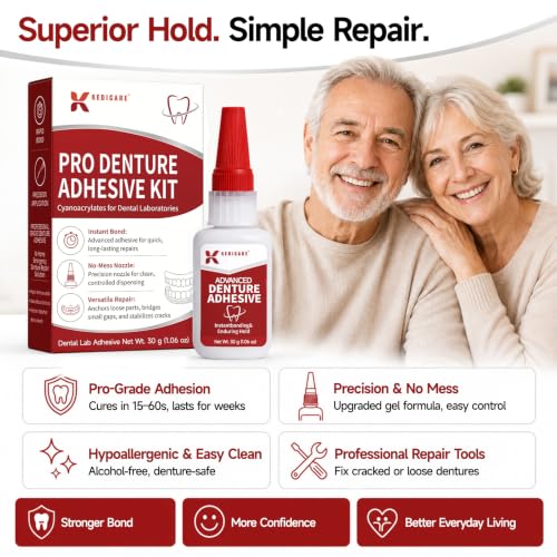 Dental Lab Instant Bonding Dental Glue Kit for Dentures & Lab Tools, Fast-Setting 15-60 Sec Denture Repair Kit, Temporary Adhesive for Fixing Cracks, Gaps & Loose Teeth - 1oz (30g)
