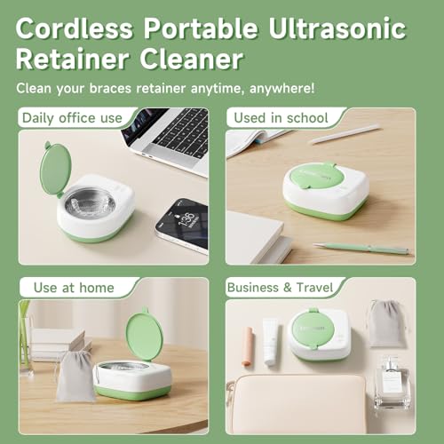 50kHz Cordless Ultrasonic Retainer Cleaner Machine Rechargeable Portable Wireless Retainer Cleaner USB Fast Charge 2000mAh Battery Charge Once Use 8 Times Small Travel Size 80ml