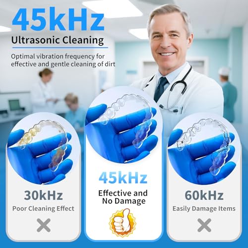 Ultrasonic Retainer Cleaner Machine, 45kHz Dental Ultrasonic Cleaner for Denture, Mouth Guard, Aligner, Braces, Toothbrush Heads, Jewelry, 5 Modes Cleaning, Digital Timer & 200ML Capacity Black