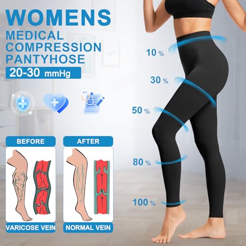 20-30 mmHg Waist High Footless Graduated Compression Pantyhose Large Black