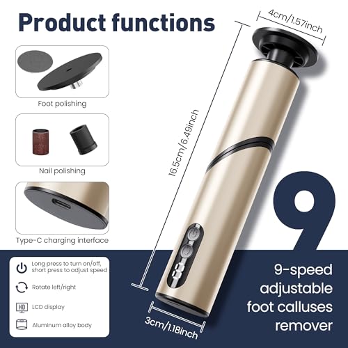 Electric Foot Callus Remover,2 in1 Rechargeable Callus Remover for Feet,9-Speed Cordless Electric Foot File Nail Grinder,Foot Scrubber Pedicure Tools for Dead Skin Dry Cracked Feet(Fold Gold) Gold Fold
