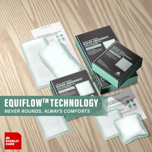 EVERLIT CARE EquiFlow Super Absorbent Dressing for Heavily Exuding Wound | Fast-Absorbing Non-Adhesive Polymer Dressing with Nonstick Gauze Pad | High Absorption & Retention | Pack of 10 (4" x 8") 4" x 8"