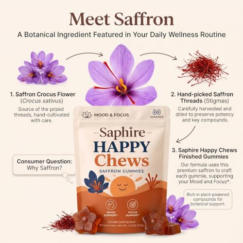 Saphire Happy Chews Saffron Gummies, 60 Count Vegan Daily Wellness Supplement Red