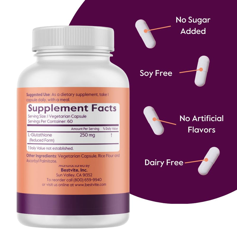 BESTVITE L-Glutathione 250mg (60 Veg Caps) - No Stearates - Vegan - Non GMO | Gluten Free - Antioxidant Supplement
