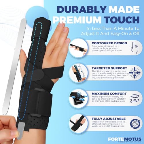 FORTEMOTUS Trigger Finger Splint, Adjustable One or Two Finger Splint Full Hand and Wrist Brace Support, Finger Immobilizer for Sprains, Discomfort Relief, Boxer Fracture Splint Black Black-Single Large