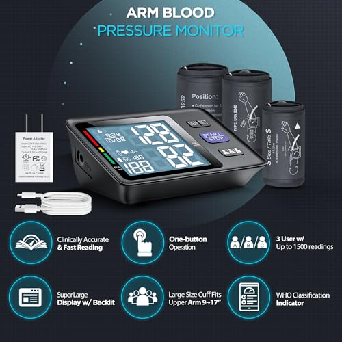 Blood Pressure Monitor Upper Arm with 3 Size Cuffs, Small 7"-9", Medium/Large Cuff 9"-17" and XL Extra Large 13"-21", Automatic Digital BP Cuffs for Home Use, Large LCD with Backlit, BP Machine Small, Medium/Large & Extra Large