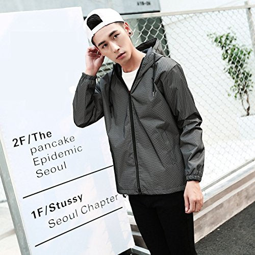 LZLRUN Reflective Jacket Casual Hiphop Windbreaker Night Sporting Coat Hooded Fluorescent Clothing Medium Grey