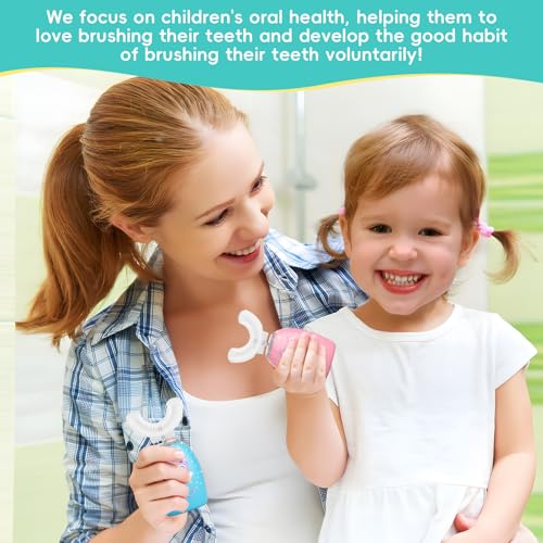 Kids U-Shaped Electric Toothbrush, Rechargeable Kids Toothbrush with 4 Brush Heads, 2 Cleaning Modes, Cartoon Cat Design, IPX7 Waterproof (Ages 2–12) Blue