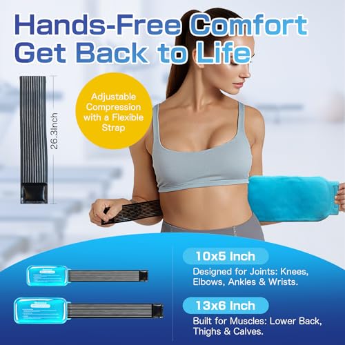 Ice Packs for Injuries Large 2 Packs Hot Cold Gel Pack with Strap Blue Large 13 x 6 Inch