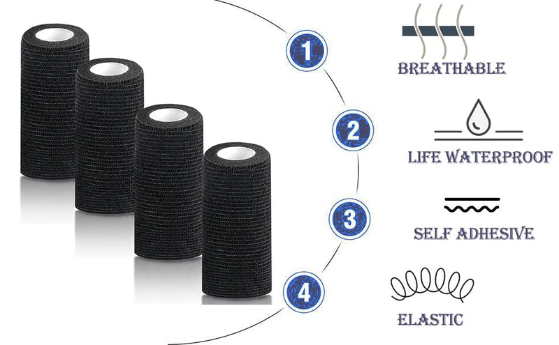 Self Adhesive Bandage Wrap,4 Inches 5 Yards Elastic Vet Wrap Cohesive Bandages, Tattoo Grip Tape,Breathable Athletic Sports Tape(Black) 4 Inches Vet Wrap (4 Pack Black) - BeesActive Australia