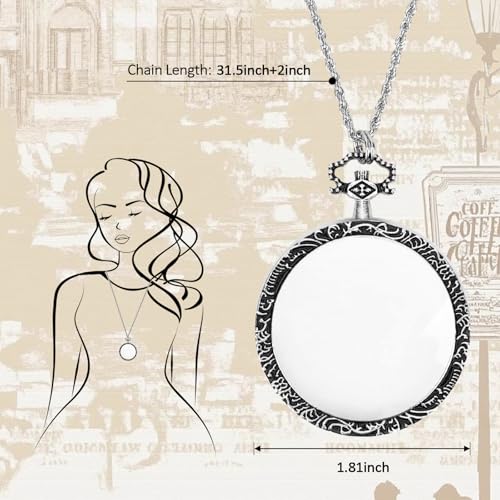 10X Magnifier Necklace with 40mm Diameter Glass Magnification Lens Pendant Retro Magnifying Glass for Women Monocle with Portable Pocket Magnifier Jewerly Long Chain 10X