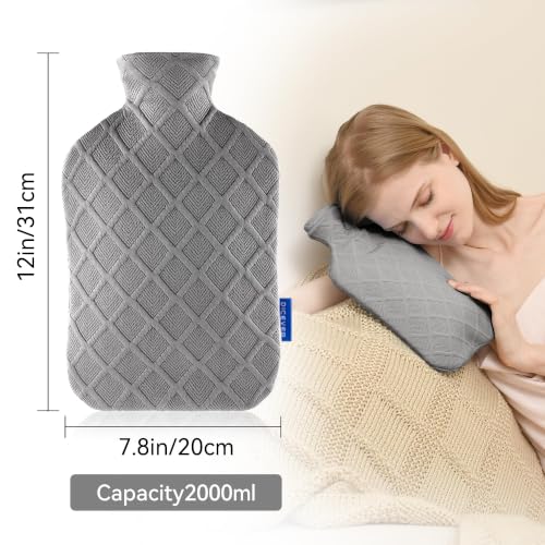 Hot Water Bottle with Soft Cover, 2L Hot Water Bag, Hot and Cold Therapies for Sore Muscles, Menstrual Cramps, Neck and Shoulder Pain Relief, Great for Women, Childs, Gray Light Gray